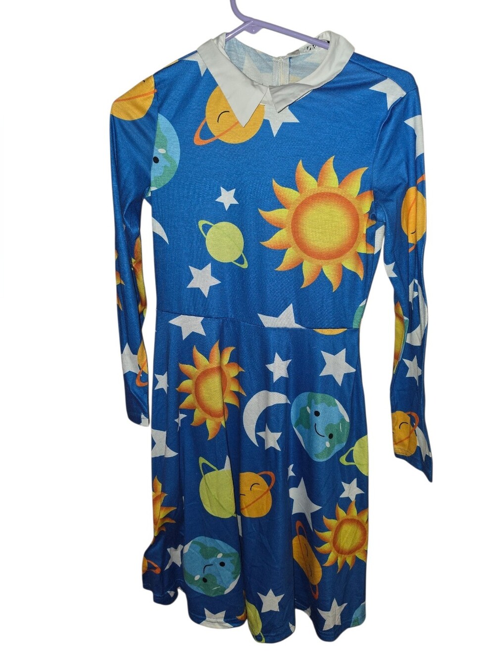 6/7/54. MSBASIC Blue Solar System Print Dress with White Collar